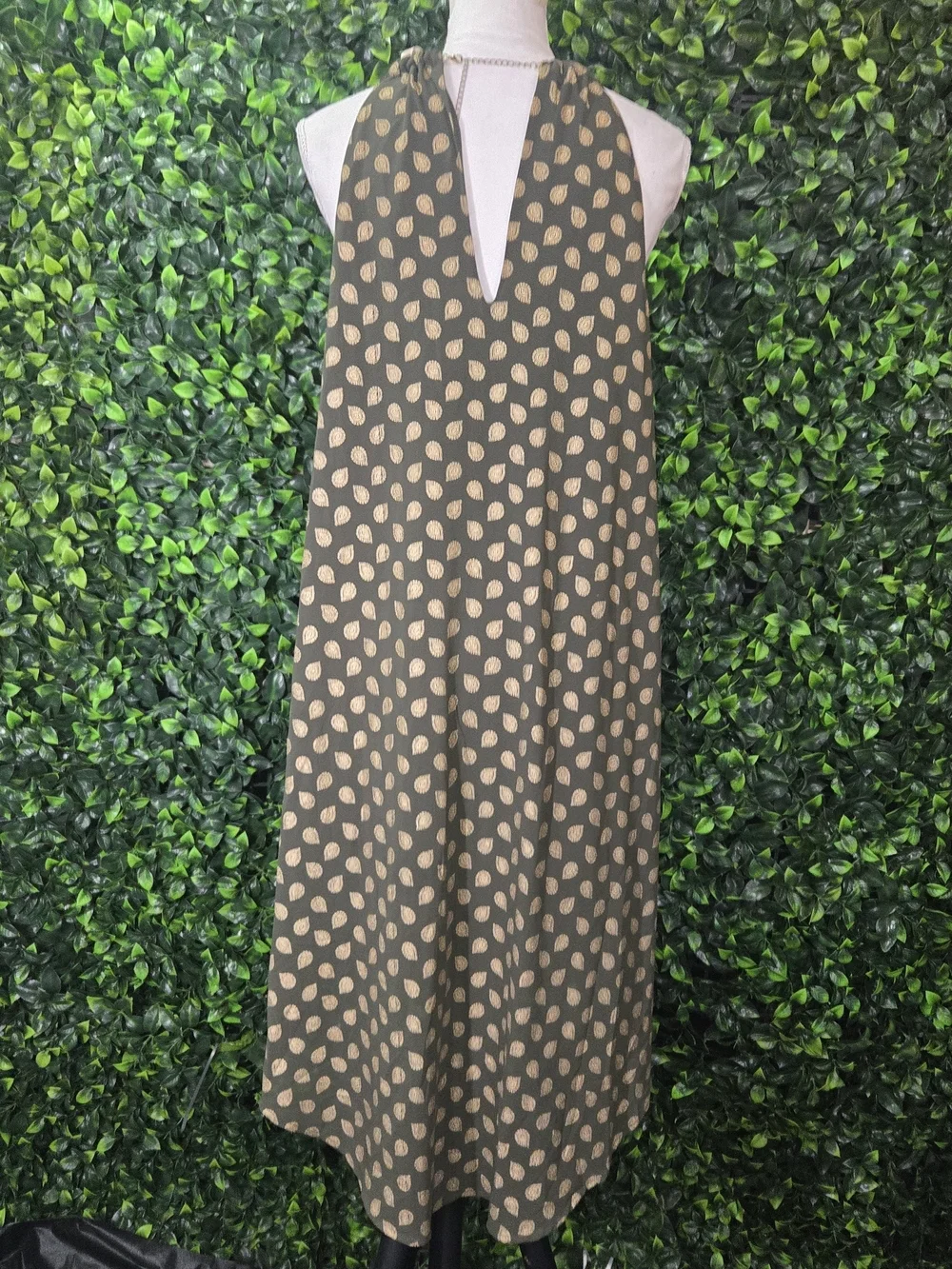 Michael Kors Olive Green Halter High-Low Dress with Gold Dot Print